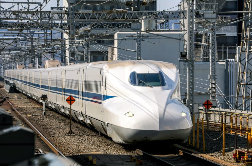 Osaka, Japan - February 11, 2020: Japanese shinkansen bullet train standing in Osaka railway station in Japan